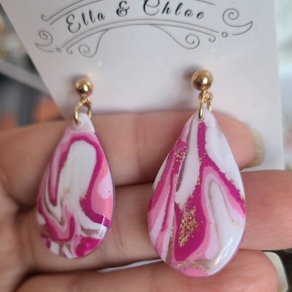 Boho Pink White Agate Gemstone Gold Ball Stud Drop Dangle Teardrop Earrings - Picture 7 of 7